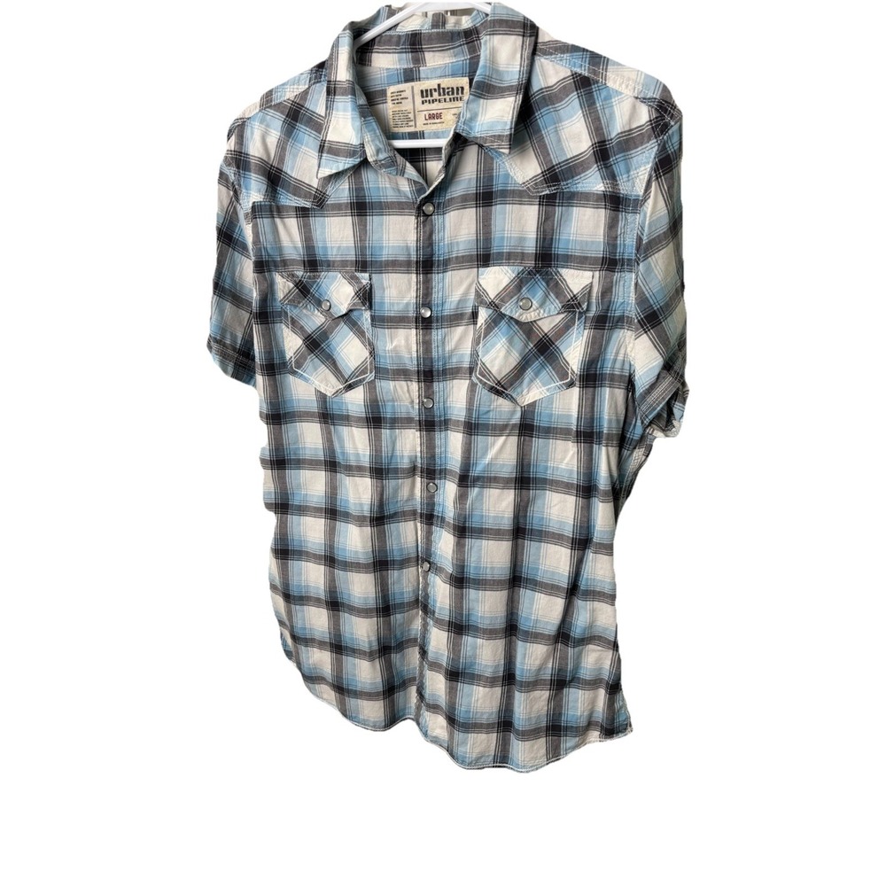 Urban Pipeline Mens L Short Sleeve Western Blue & Gray Plaid Shirt Pearl Snaps
